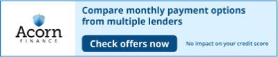 Acorn Finance banner promoting monthly payment comparisons from multiple lenders with a Check offers now button